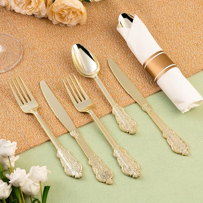 150PCS Gold Plastic Silverware for 50 Guests, Heavy Duty Gold Disposable Utensils Sets, Includes 50 Forks, 50 Spoons, 50 Knives, Elegant Cutlery Perfect for Wedding, Party
