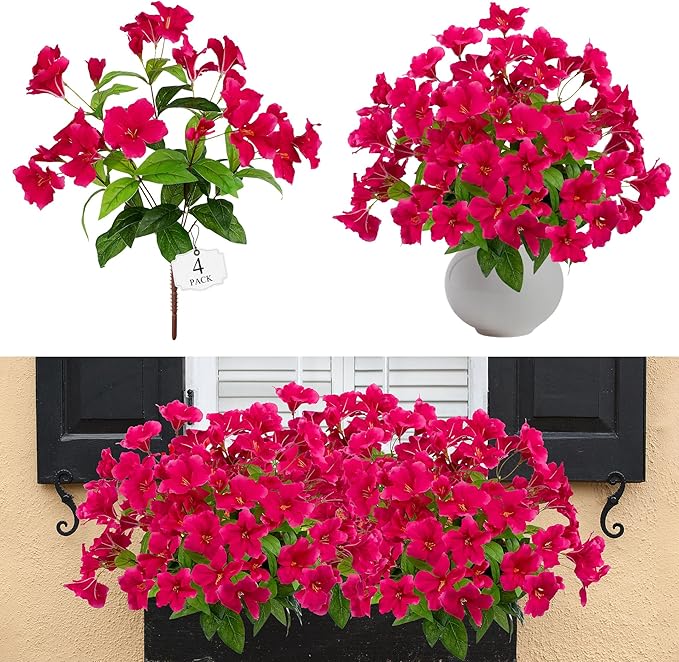 Fake Plants 15.7"Plastic Flowers For Outdoors Artificial Azalea Flowers Fake Flowers Artificial Plants Outdoor Spring Flowers Artificial For Decoration Fake Plants For Outside (Rose Red ）4Pcs