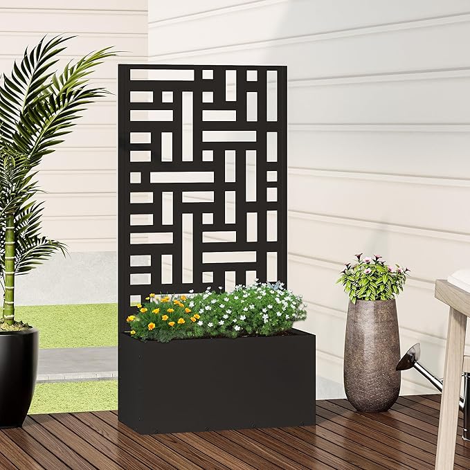 Casaphoria Metal Raised Garden Bed with Trellis, 47"x24"x12" Planter Box for Climbing Plants, Vegetables & Vines, Features Drainage Holes and Privacy Screen (Black-Helen)