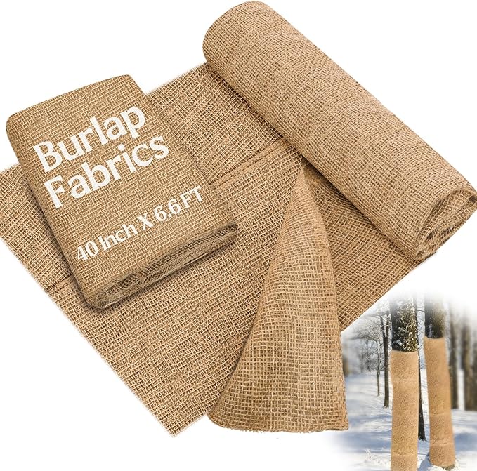 Buryeah 40 Inch x 6.6 ft Burlap Fabrics Roll Natural Jute Burlap Garden Tree Wrap Outdoor Weed Barrier DIY Fall Halloween Craft Winter Frost Plant Landscape Blankets Cloth for Plant Gardening Shrubs
