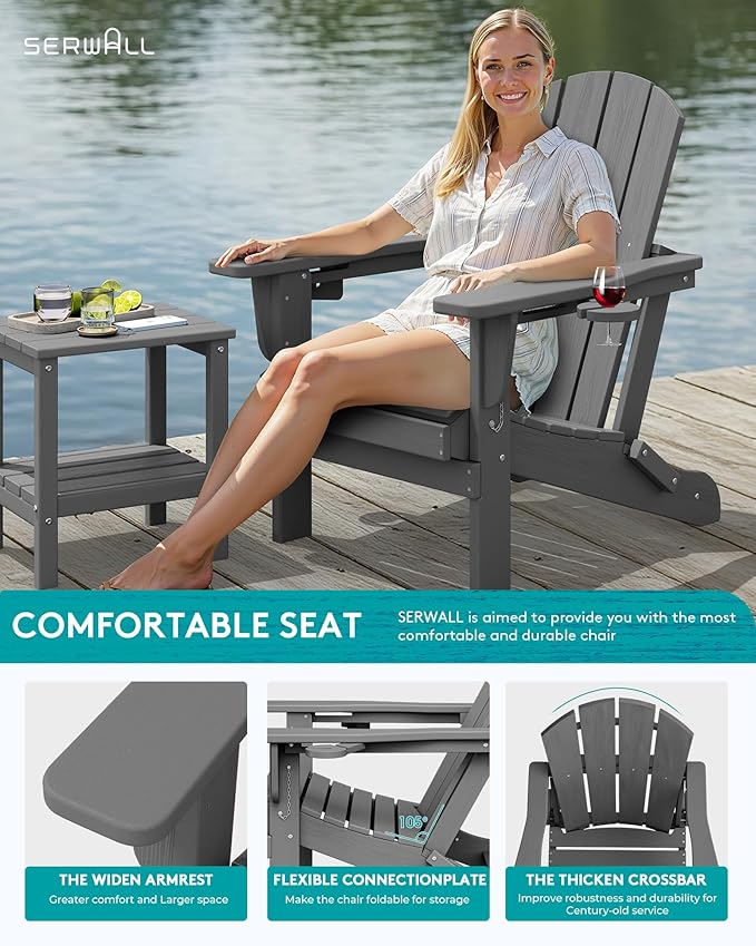 SERWALL Folding Adirondack Chair, Dual Cup Holders & All-Weather HDPE, Wood-Like Patio Chair for Backyard, Camping，Pool & Fire Pit- Grey