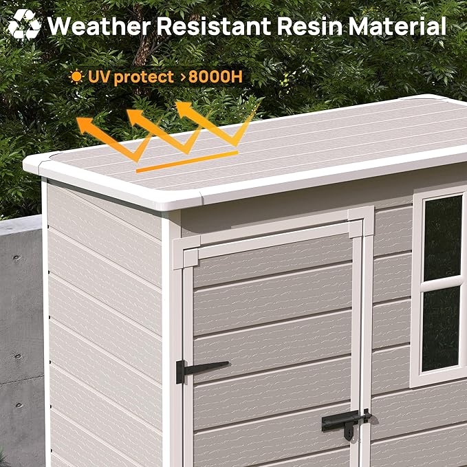 Resin Outdoor Storage Shed with Floor, 5x3FT Plastic Garden Shed, Lockable Door & Window, Waterproof Tool Shed for Bike, Garbage Can, Lawn Mower, Patio Furniture Bedge