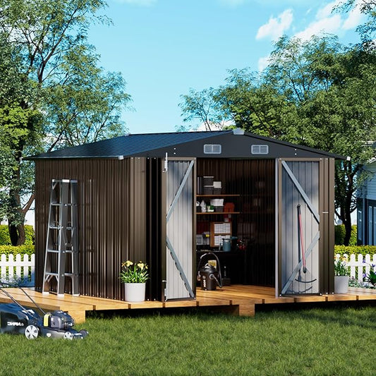 COMHOMA Shed Outdoor Storage Shed Metal,Lockable Doors Tool Sheds with Sloping Roof,Steel Garden Shed with Air Vent for Backyard,Patio,Lawn,Poolside (Brown, 10'*10')