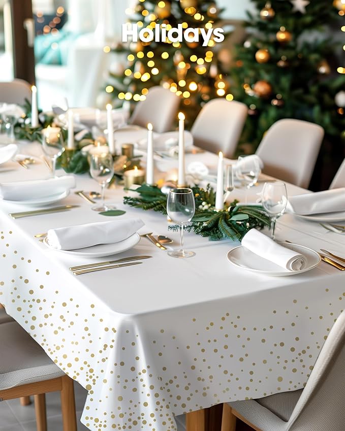 Pureegg Plastic Table Cloth Disposable 8 Pack, 54 x 108 Inch Table Cloths, Graduation Decorations Class of 2025, Graduation Tablecloths, Rectangle, Plastic Cover, Leakproof & Sturdy, White and Gold