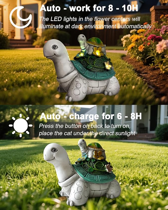 Solar Garden Lights Outdoor Statues – 2 Turtle Figurines with 7 LED Lights, Cute Lawn Ornaments for Yard, Patio, Porch, Balcony – Waterproof Solar Turtle Garden Decor for Outside