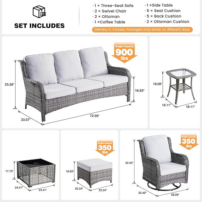 ovios 7 Pieces Patio Furniture Set, Outdoor Wicker Sofa Couch with Swivel Chairs Solar Lights Table, All Weather High Back Modern Conversation Sets, Grey Rattan, Grey