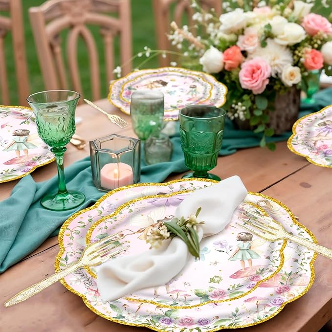 81Pcs Fairy Party Decorations for Girls 1st 2nd Birthday Garden Flower Themed Baby Shower Party Supplies Fairies Enchanted Tableware with Paper Plates Napkins Cups Forks and tablecloth Serve 20