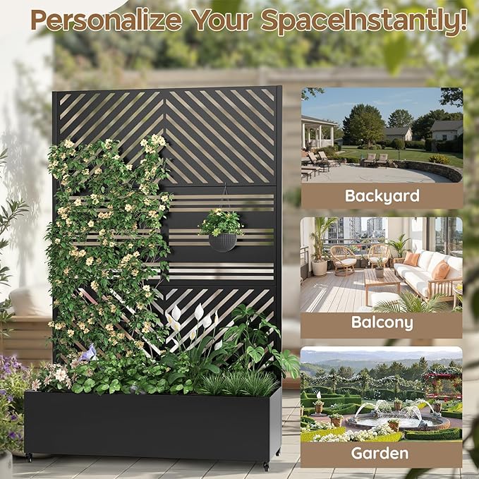 Metal Raised Garden Bed with Trellis & Wheels,70" x 47"x 15.7" Planter Box with Trellis,Privacy Planters for Patio,Garden Bed for Climbing Plants,Suitable for Climbing Plants and Vegetables,Black