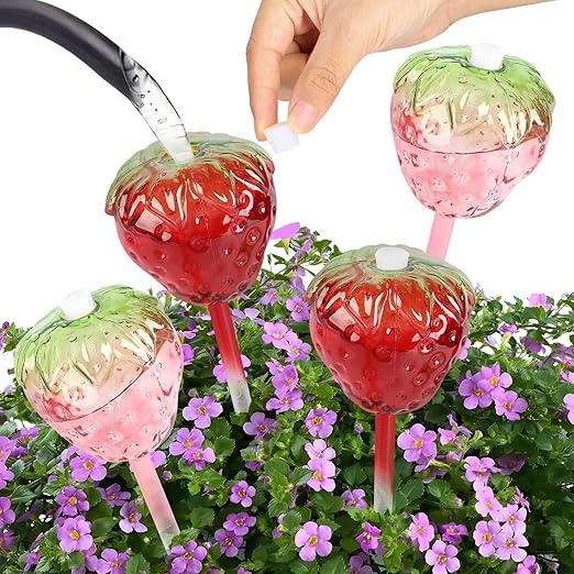 4 Pcs Self Watering Planter Insert, Strawberry Plant Watering Globes with Top-Fill Watering Bulbs, Indoor and Outdoor Potted Plant Watering Device, Suitable for Plant Care During Vacation