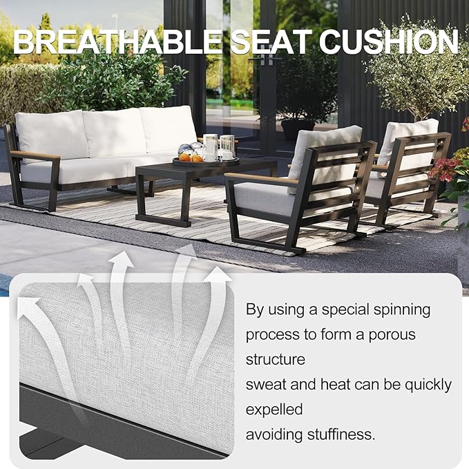 Aluminum Outdoor Sofa,4 Seats Modern Patio Furniture Set,Sectional Sofa Conversation Set with Coffee Table, Upgraded Washable Cushions for Garden Backyard,Grey