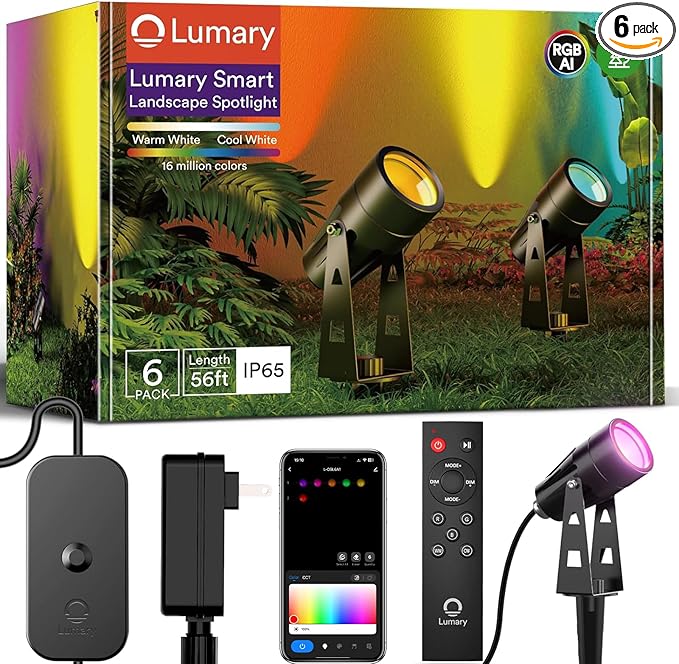Lumary Smart Landscape Lights 56Ft, 6 Pack RGBAIWW Low Voltage Landscape Lighting, IP65 Waterproof Spotlight Color Changing Garden & Yard Lights, App/Voice/Remote Control, Compatible with Alexa