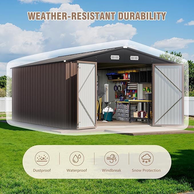 Greesum 10×14 FT Outdoor Storage Shed, Metal Storaged Sheds Without Floor, Tool Sheds with Lockable Doors and Sloping Roof for Garden, Patio, Backyard, Brown