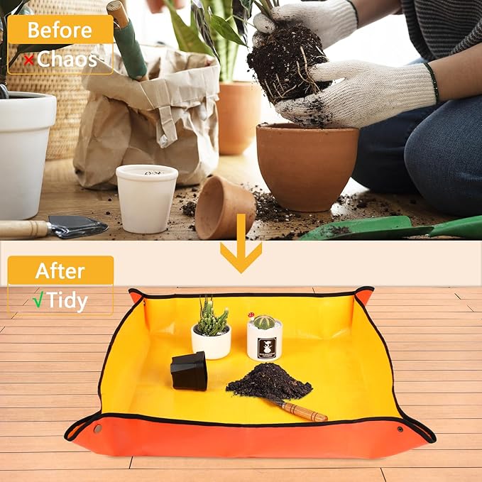 Repotting Mat for Transplanting & Potting Soil Mess Control, 26.8" x 26.8" Waterproof Plant Potting Mat, Succulent Orchid Potting Tray for Plant Pots, Gardening Gifts Bonsai Tools(Orange)