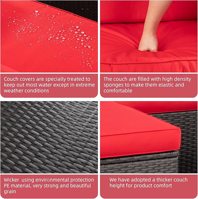 Shintenchi 7 Pieces Patio Furniture Sets Outdoor All-Weather Sectional Patio Sofa Set PE Rattan Manual Weaving Wicker Patio Conversation Set with Glass Table&Ottoman Cushion and Red Pillows, Red