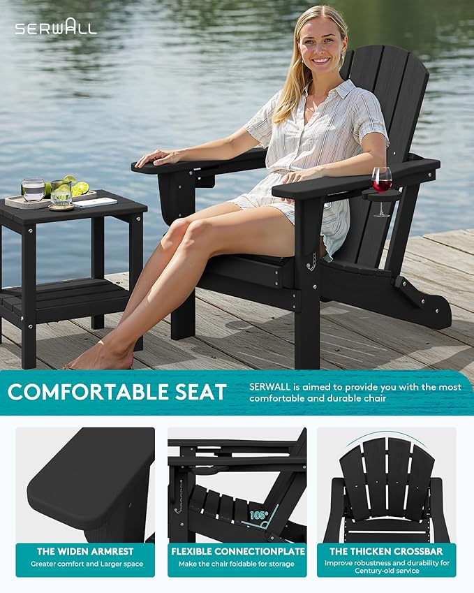 SERWALL Folding Adirondack Chair, Dual Cup Holders & All-Weather HDPE, Wood-Like Patio Chair for Backyard, Camping，Pool & Fire Pit- Black