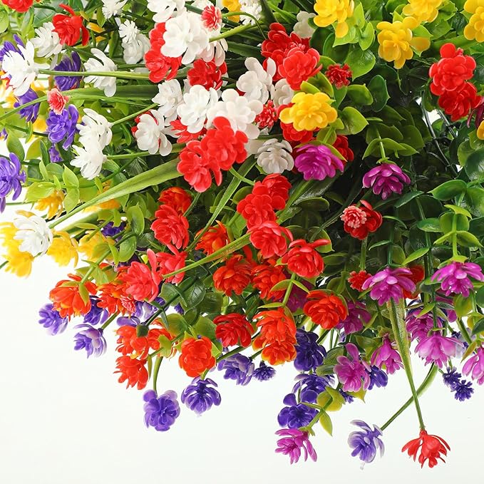 WILLBOND 48 Bundles Artificial Flowers Outdoor,UV Resistant Faux Plastic Plants Greenery Shrubs Flower Bulk for Hanging Planter Porch Window Home Wedding Spring Summer Decor (Fresh Color)