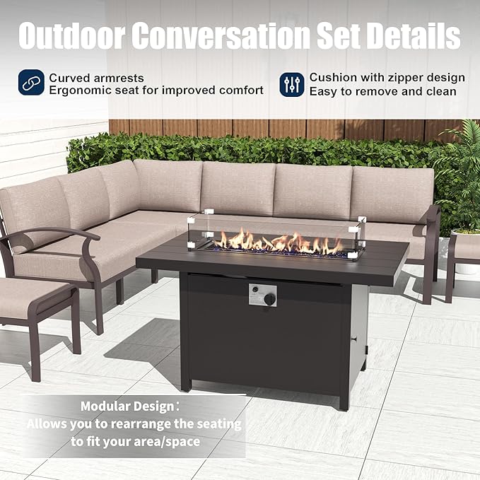 Kurapika Patio Furniture Set 10-Piece Aluminum Sectional Sofa with Armrest, Modern Outdoor Conversation Set w/55000 BTU Propane Fire Pit Table, Metal Corner Sofa with Ottoman, Sand