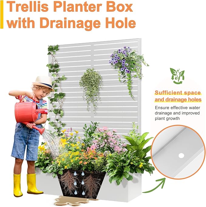 71"x47"x16" Metal Planter Box with Trellis, Raised Garden Bed with Trellis, Trellis with Planter Box & Privacy Screen for Climbing Plants, Vegetable, Vines(White, Louvered)