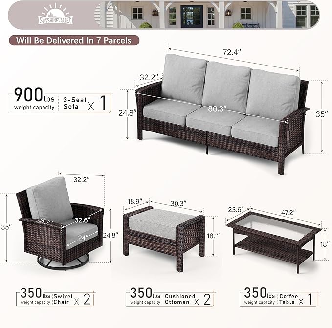 6 Piece Patio Furniture Set with Swivel Chairs, High Back Wicker Rattan Sofa with Extra Thick Cushion, Coffee Table and Ottoman, Outdoor Conversation Set for Backyard Deck, Grey