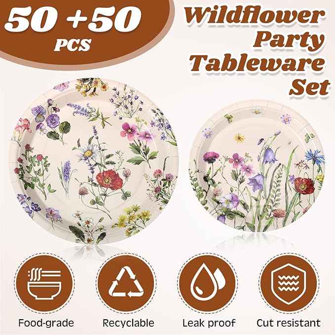 Mumufy 100 Pack Wild Floral Paper Plates Flower Dinner Decoration 9" & 7" Disposable Watercolor Dessert Plates for Wedding Birthday Baby Shower Bridal Tea Party Supplies