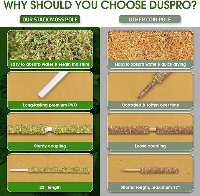 DUSPRO Natural Stackable Moss Pole for Plants Monstera Potted Plant Stakes for Indoor Plants Extendable Plant Pole Moss Sticks for Plants Climbing Vine Supporting Monstera Trellis 4Pcs 22''