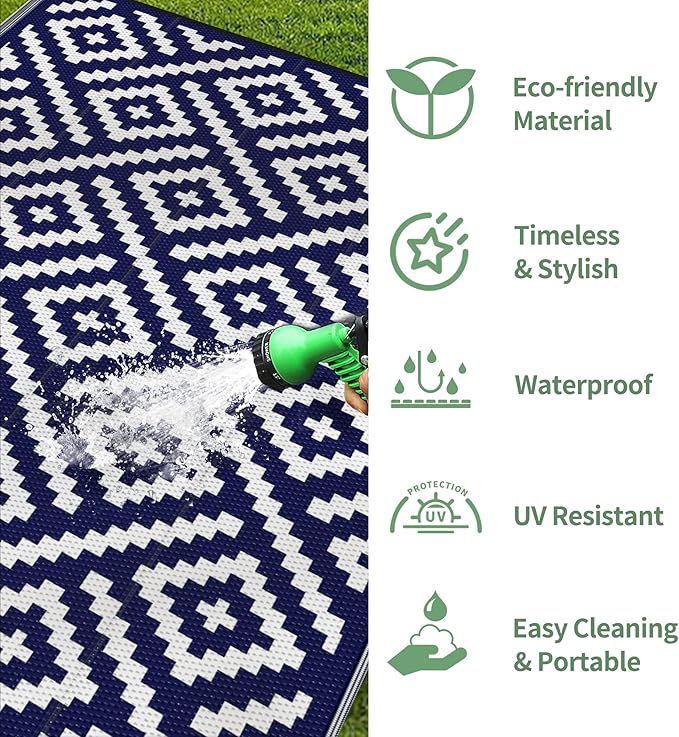 GENIMO Outdoor Rugs 8x10 Waterproof, Reversible Mats, Area Plastic Straw Rug, Outside Carpet, Geometric Rv Mat for Patio Camping Rv Picnic Backyard Deck Balcony Porch Beach Trailer (Navy Blue & White)