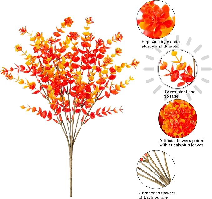 Ivydale Artificial Flowers for Outdoor Spring Decoration, 12 Bundles Eucalyptus Fake Plants UV Resistant, Faux Flowers Plastic Greenery Bushes Shrubs for Home Porch Outside Decor (Fall)