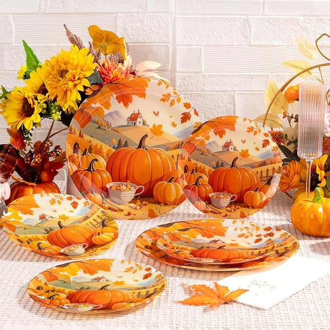 60PCS Thanksgiving Plastic Plates - Heavy Duty Fall Plastic Plates - Pumpkin Disposable Plates Include 30 Dinner & 30 Dessert Plate for Friendsgiving Party Holiday