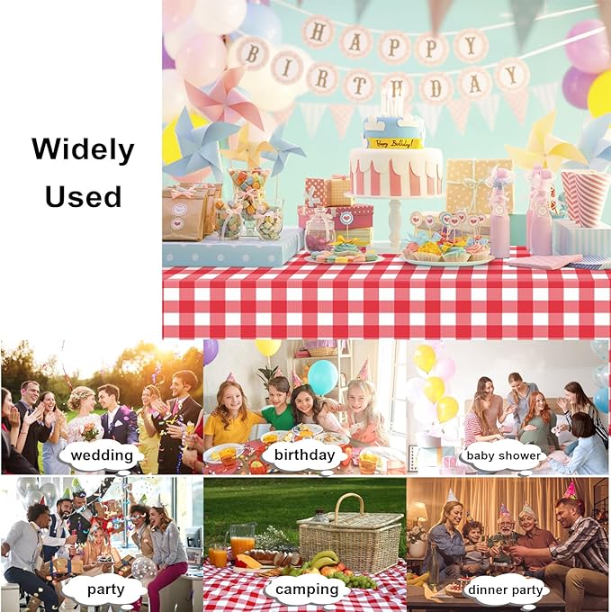 12 Pack Red and White Checkered Tablecloth, Red Plastic Table Cloths for Parties Disposable, 54 x 108 inch Waterproof Red Gingham Tablecloth for Birthday, Party, Christmas, Outdoor Picnic