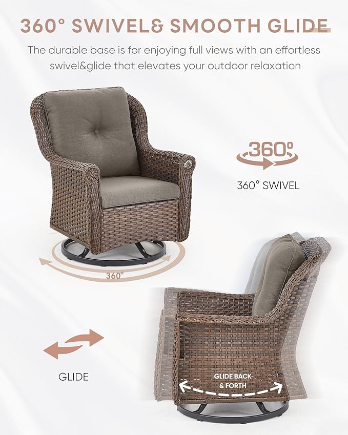 3 Piece Patio Swivel Chairs and Side Table Set - High Back Outdoor Brown Wicker Rattan Rocking Glider with Thick Cushions for Porch Apartment Deck Yard Poolside Garden - Grey