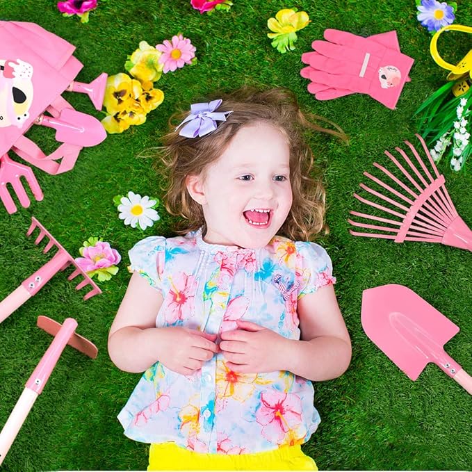 Kids Gardening Tool Set Pink, Kid Rake and Shovel Set, 29.6'' Metal Leaf Rake, Shovel, Hoe and Mini Garden Yard Tools, Gardening Toy Gift for Kids Age 3+ Years(Pink), Develop Intelligence