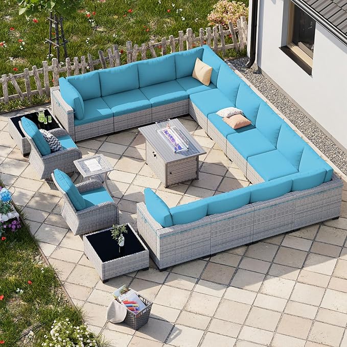 18-Piece Patio Furniture Set, Outdoor Patio Furniture with 55,000 BTU Fire Pit Table, Swivel Chairs Set, Thick Cushions, Modular Patio Sofa, Dual-Strand Wicker Rattan, Rust-Resistant Frame,Lake Blue