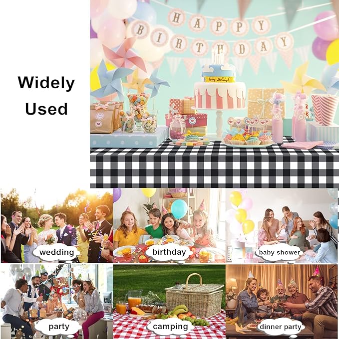 12 Pack Black and White Checkered Tablecloth, Black Plastic Table Cloths for Parties Disposable, 54 x 108 inch Waterproof Black Gingham Camping Tablecloth for Birthday, Party, Halloween