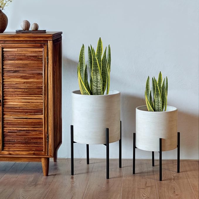 ARNIS Modern Plant Pots, Large Planters with Stand, Set of 2 Decorative Planters, Metal Pots with Drainage Holes for Living Room, Office, Garden or Balcony, 10.5 &12.55 Inch, Dirt