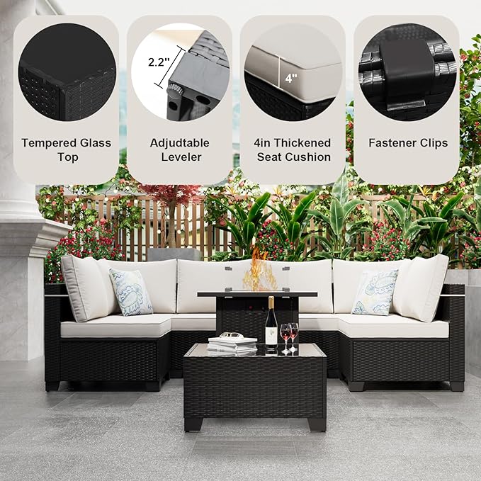 Patio Furniture Set with Fire Pit Table 28", 8-Piece Outdoor Furniture Conversation Set with Cushions，Wicker Sectional Sofa for Porch Garden Backyard, Coffee/Beige