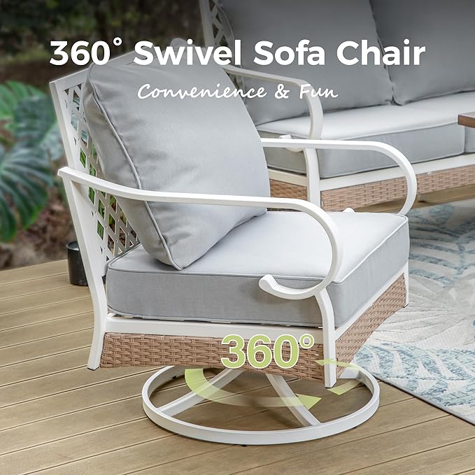 6 Piece Patio Furniture Set, 2 x Fixed Chair, 2 x Swivel Chair, 1 x 3-Seat Sofa with Marbling Coffee Table, 7 Seats Outdoor Conversation Set for Lawn Garden Backyard, Light Gray