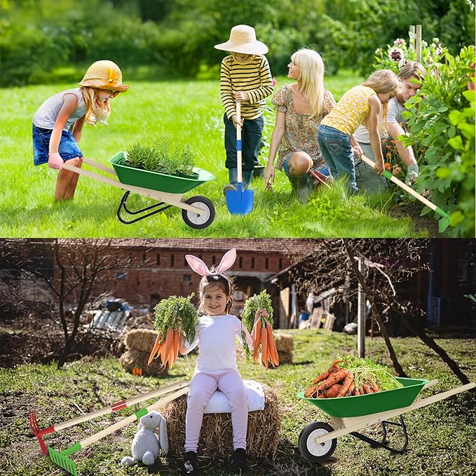 Kids Wheelbarrow Set with Gardening Tools Outdoor Backyard Garden Play for Toddlers Boys Girls 3-8, with Shovel, Rake, Leaf Rake, Easter Birthday Gifts (Green Garden Set)
