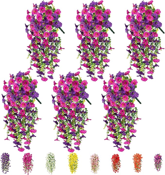6-Pack Outdoor Faux Plants, 69-Flowered Large Morning Glory, Uv-Resistant Artificial Morning Glory,Perfect for Outdoor Decoration in All Seasons Such as Porches and Gardens (Purple + Light Purple)