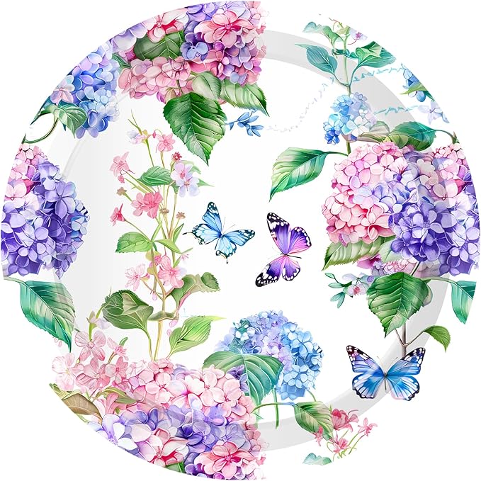 CC HOME Hydrangea Birthday Paper Plates Napkins Pink Purple Flowers Disposable Tableware Set Party Supplies Spring Floral Theme Dinnerware Serves 24 Guests for Audlts Kids Baby Shower Birthday 88PCS