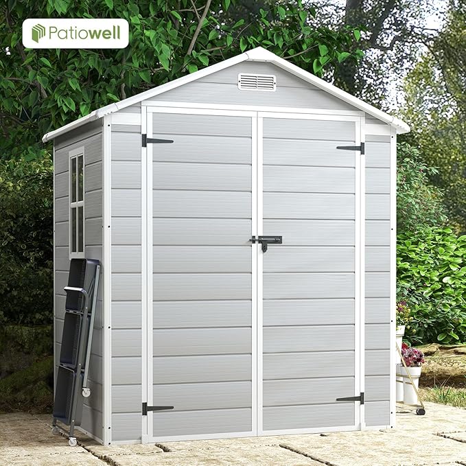 Patiowell 6x4 FT Plastic Outdoor Storage Shed, Resin Outside Shed Perfect to Store Patio Furniture, GardenTools Bike Accessories, Beach Chairs and Lawn Mower, Light Grey