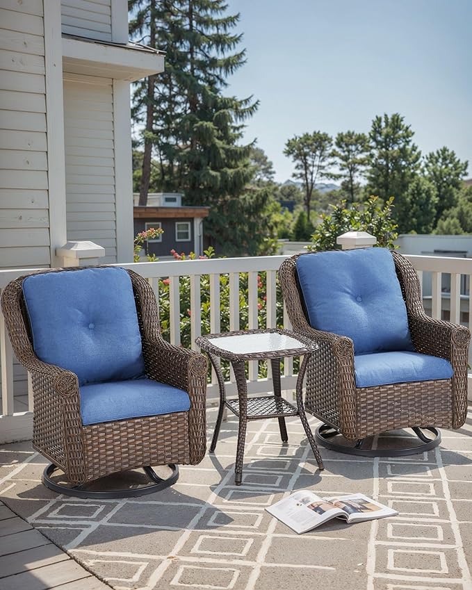 3 Piece Patio Swivel Chairs and Side Table Set - High Back Outdoor Brown Wicker Rattan Rocking Glider with Thick Cushions for Porch Apartment Deck Yard Poolside Garden - Navy Blue