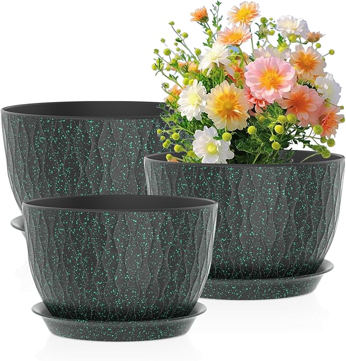 12/10/9 inch Large Plant Pots, 3 Pack Wide Flower Pots for Outdoor Indoor Plants, Water Ripples Plastic Planters with Drainage Holes and Saucers for Garden Hourse, Black with Green Speckles