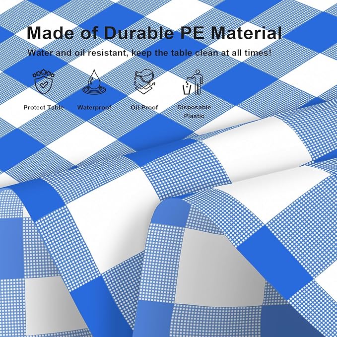 2 Pack Navy Blue and White Checkered Tablecloth, Dark Blue Plastic Table Cloths for Parties Disposable, 54 x 108 inch Waterproof Blue Gingham Camping Tablecloth for Birthday, Party, Picnic