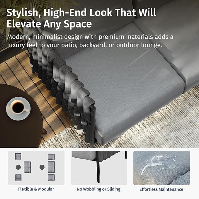 EAST OAK 3-Piece Patio Furniture Set | Armchairs & Coffee Table | Outdoor Furniture with Cushions | Deep Seating Modern Conversation Set | Garden, Porch, Balcony & Backyard | Misty Grey