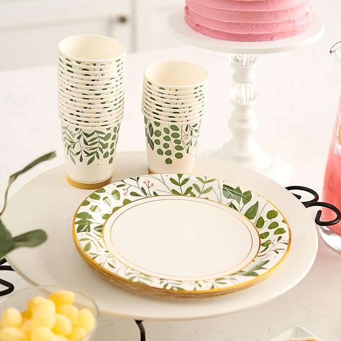 Royal Bluebonnet Greenery Paper Plates and Napkins for Birthday Decorations - Set of 24 Sturdy 400 GSM Sage Green Paper Plates for Mothers Day, Floral Party Supplies for Engagement Party, Baby Shower