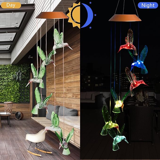 LED Solar Hummingbird Wind Chimes Outdoor - Waterproof Mobile Changing Light Color Wind Chime, Six Hummingbirds LED Wind Chimes for Home, Xmas Mom Gifts, Party, Festival Decor, Night Garden Decoration