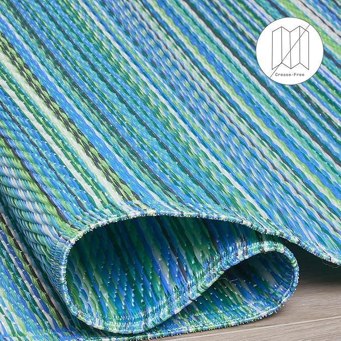 Fab Habitat Outdoor Rug - Waterproof, Fade Resistant, Crease-Free - Premium Recycled Plastic - Striped - Large Patio, Deck, Sunroom, Camping, RV - Cancun - Turquoise & Moss Green - 6 x 9 ft
