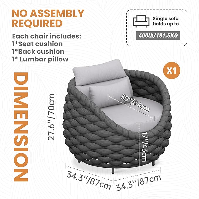 Woven Rope Outdoor Chair: Aluminum Patio Accent Chair with Arms - Assembled Cushioned Lounge Chair for 400lbs - Morden Porch Furniture Seating for Deck Balcony Garden Pool Backyard Hotel Resort