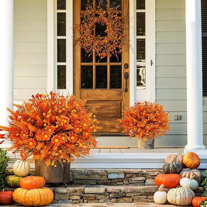 36 Bundles Artificial Fall Flowers for Outdoor UV Resistant Faux Plastic Plants Fake Flowers Greenery Shrubs for Autumn Patio Window Box Kitchen Indoor Outdoor Decor