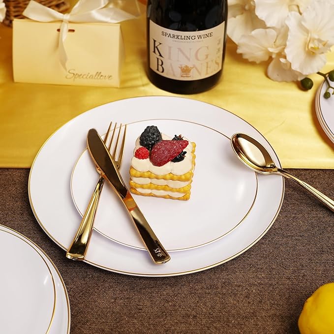 WELLIFE 600PCS White and Gold Plastic Dinnerware Set - Includes 100 Dinner Plates, 100 Dessert Plates, 300 Plastic Cutlery, 100 Cups - Perfect for 100 Guests, Weddings & Parties